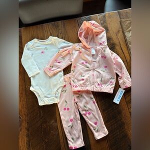 Carter's Cream & Pink Cherry Baby Set of 3. Size Babies 9month long sleeves SALE